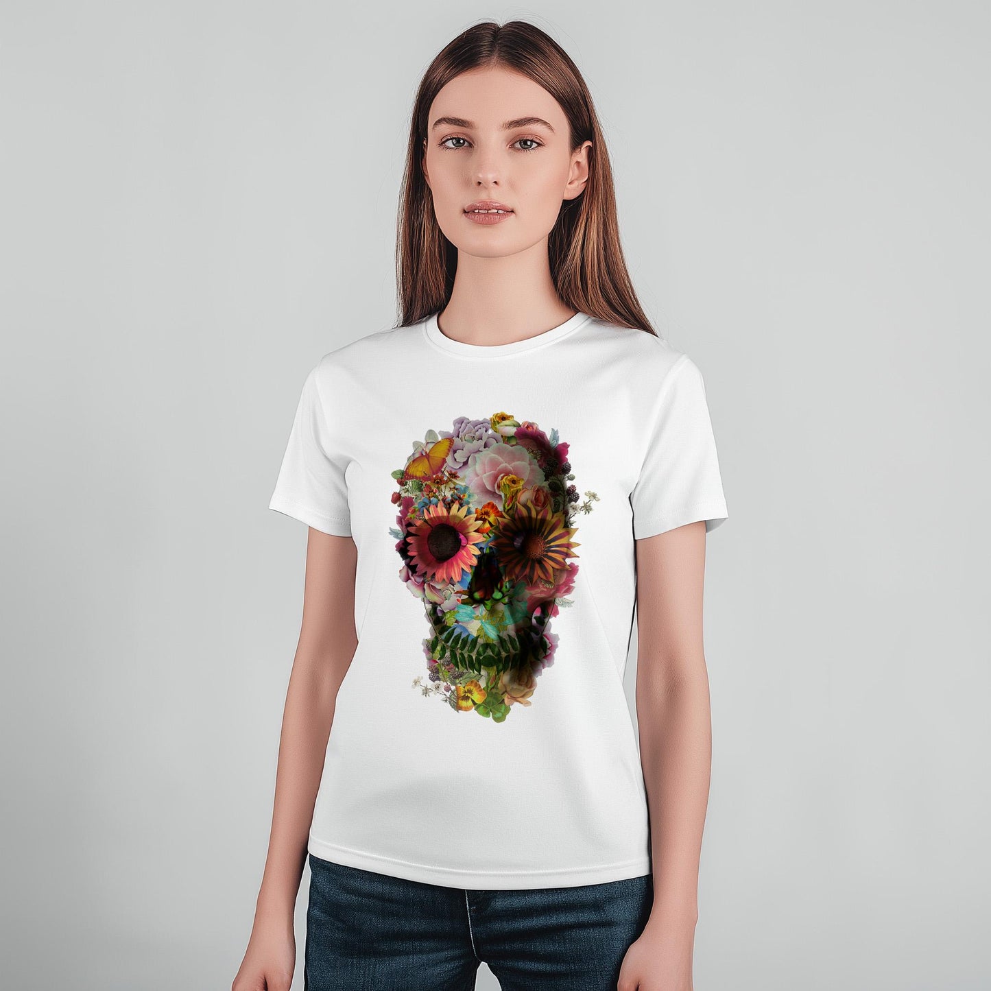 Floral Skull Graphic Tee, Edgy Womens T-Shirt, Unique Gift, Summer Style, Boho Chic Attire, Halloween Fashion