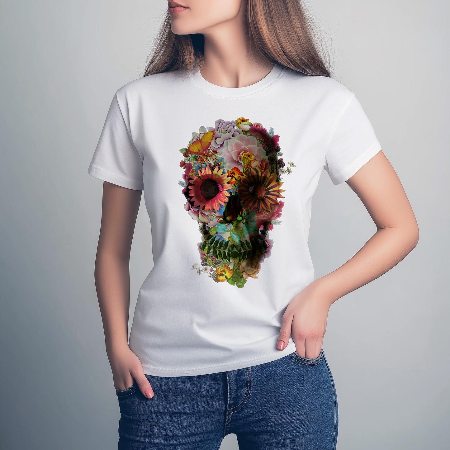 Floral Skull Graphic Tee, Edgy Womens T-Shirt, Unique Gift, Summer Style, Boho Chic Attire, Halloween Fashion