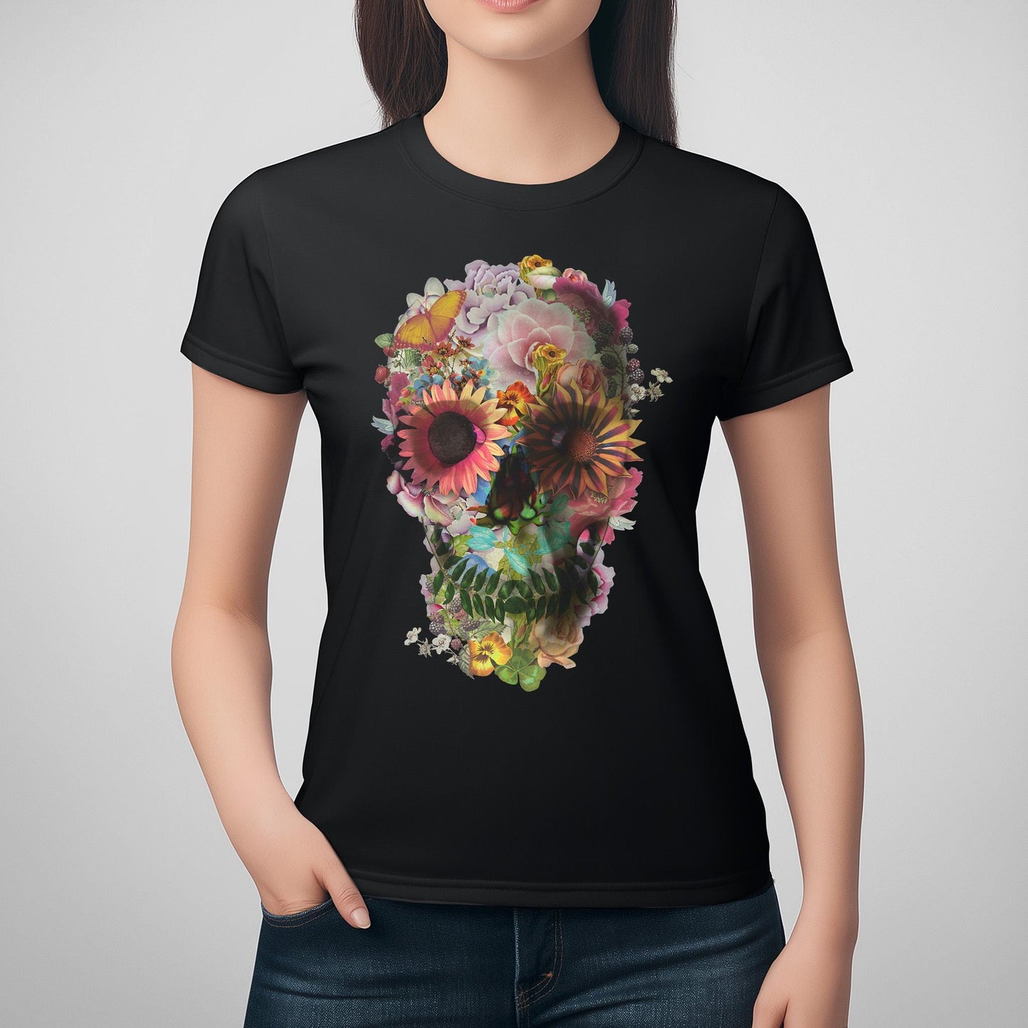 Floral Skull Graphic Tee, Edgy Womens T-Shirt, Unique Gift, Summer Style, Boho Chic Attire, Halloween Fashion