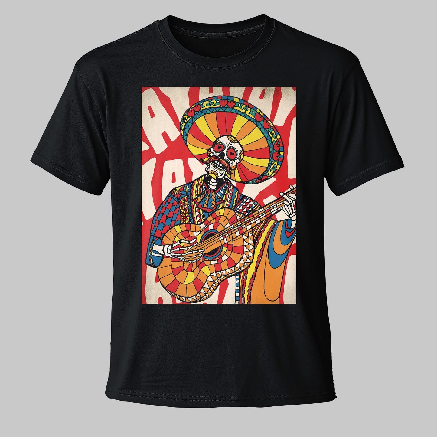 Mariachi Skeleton Guitarist T-Shirt – Vibrant Día de los Muertos Design