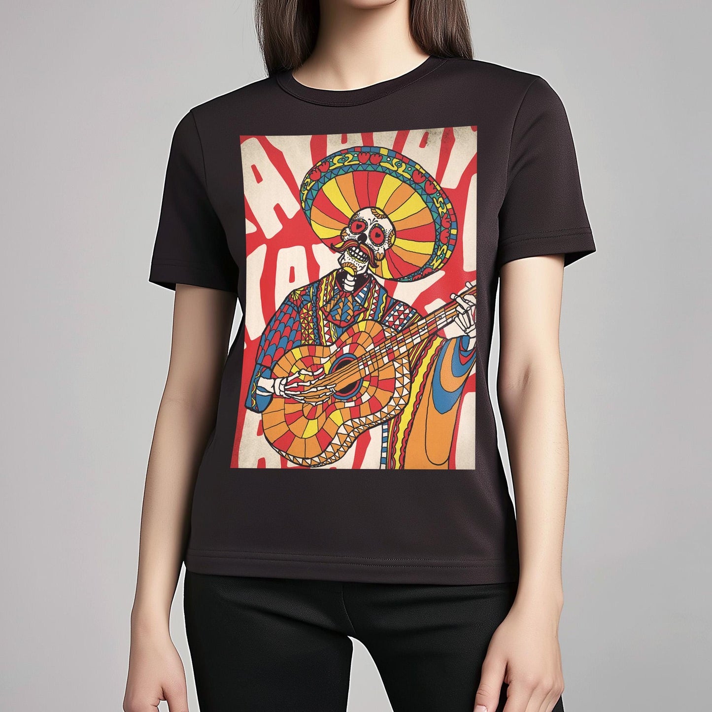 Mariachi Skeleton Guitarist T-Shirt – Vibrant Día de los Muertos Design