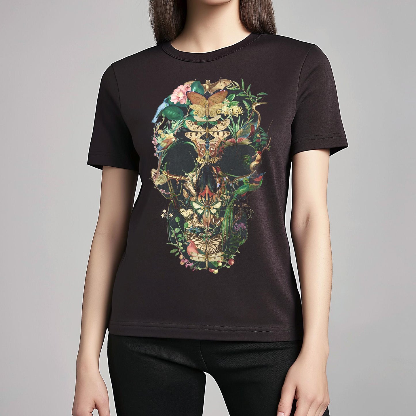 Floral Skull Men's T shirt, Unisex Gothic Art Print Shirt Gift
