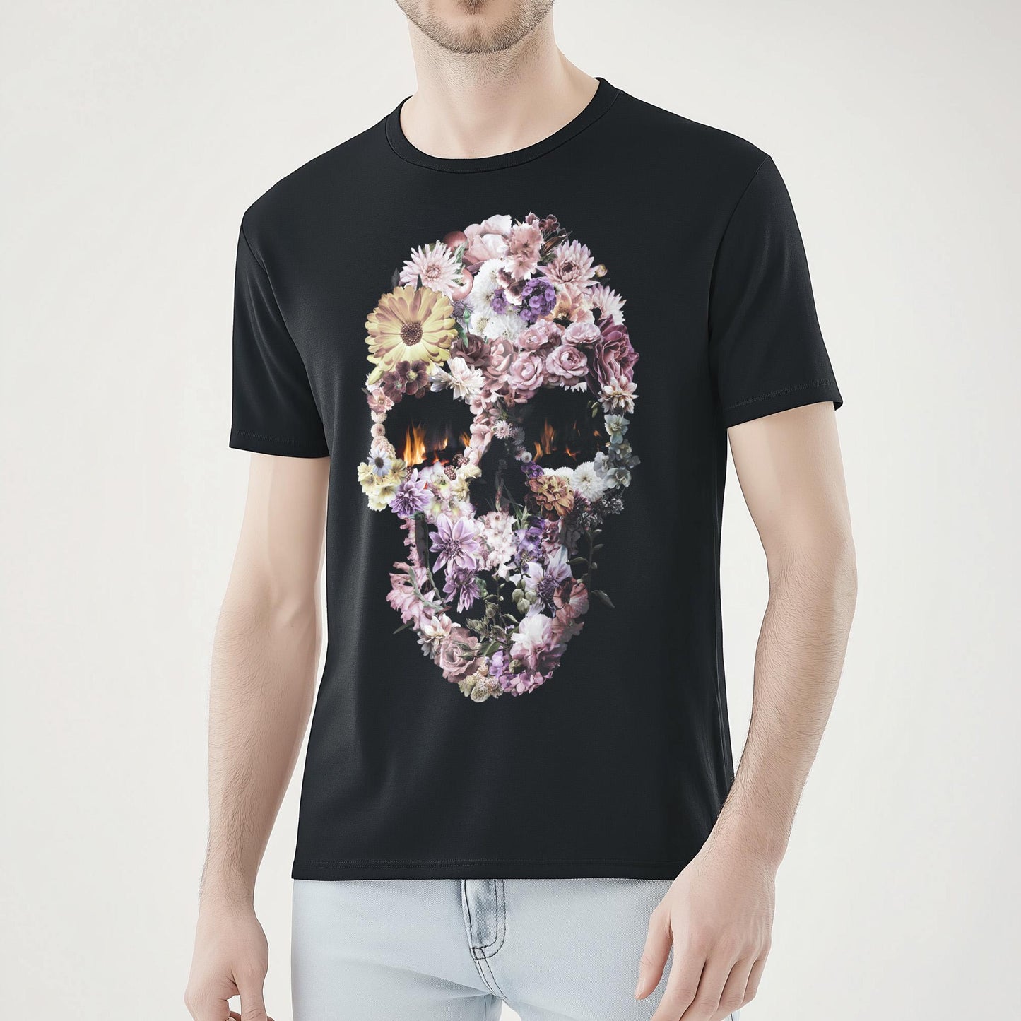 Colorful Flowers Skull Unisex T-shirt, Original Bloom Skull Art Gift