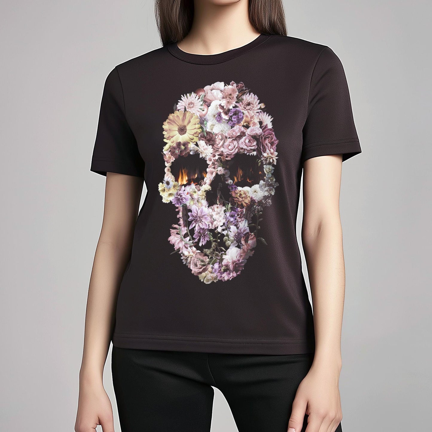 Colorful Flowers Skull Unisex T-shirt, Original Bloom Skull Art Gift