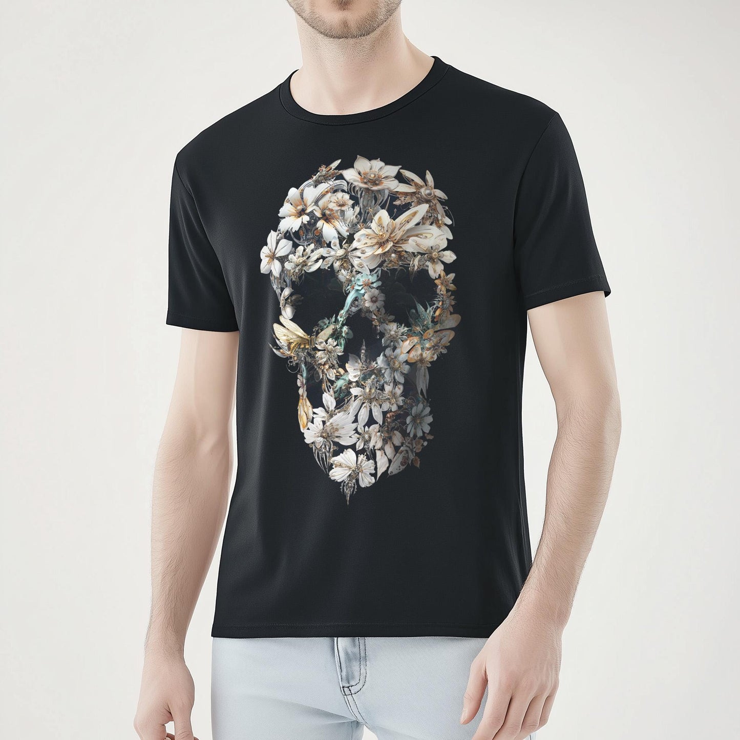 Flower Skull Print T-Shirt: Bohemian Unisex Art Gift