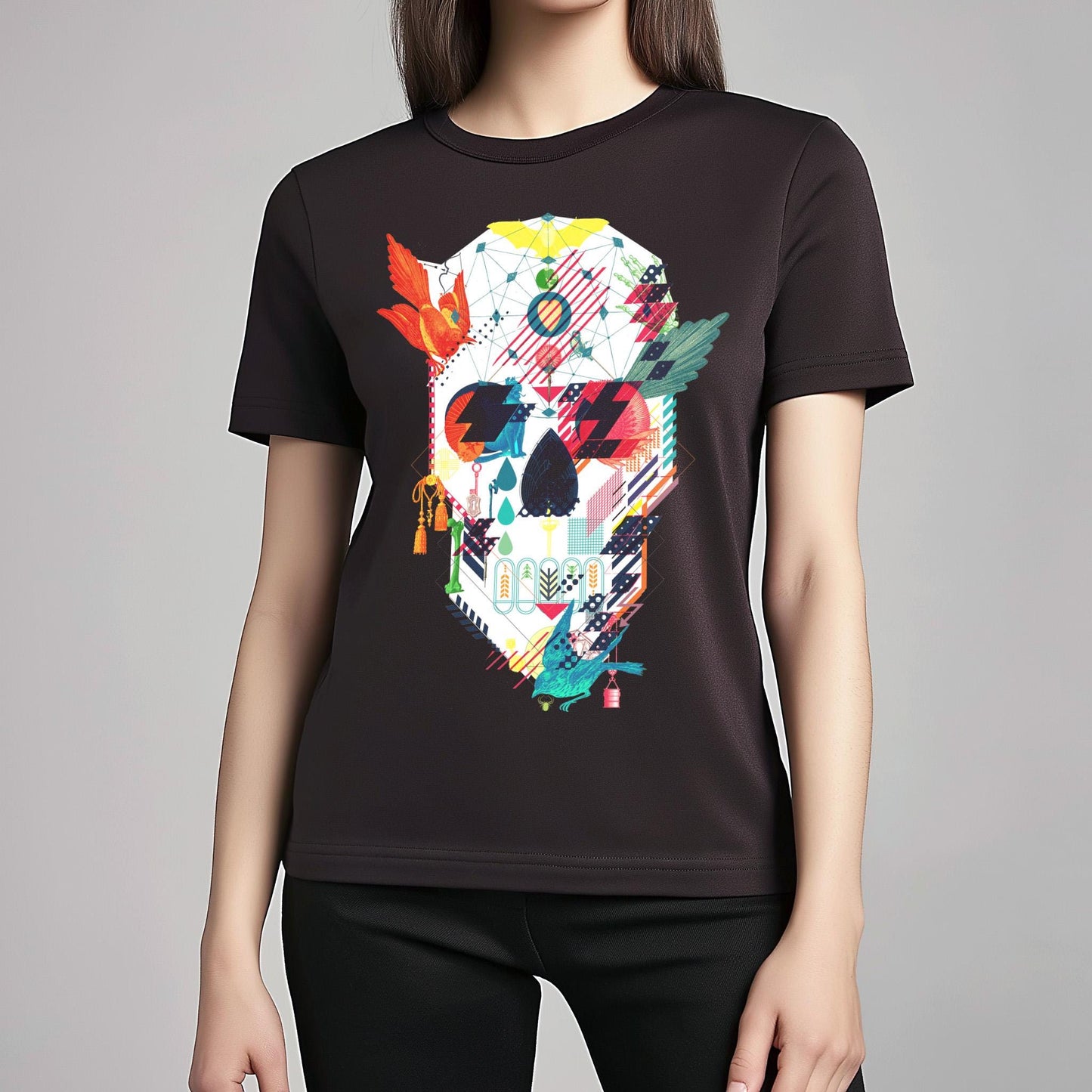 Colorful Geometric Skull Shirt – Eye-Catching Pop Art Style