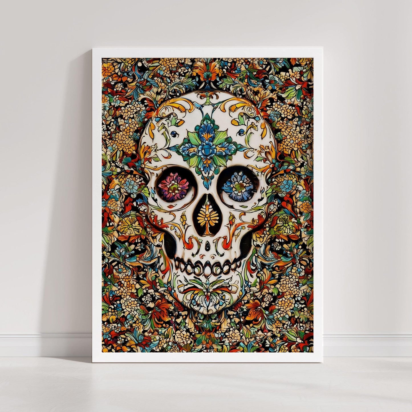 Floral Skull Print - Colorful Traditional Patterned Skull Art - Vintage Botanical Wall Decor - Gothic Floral Poster - Canvas & Framed Print