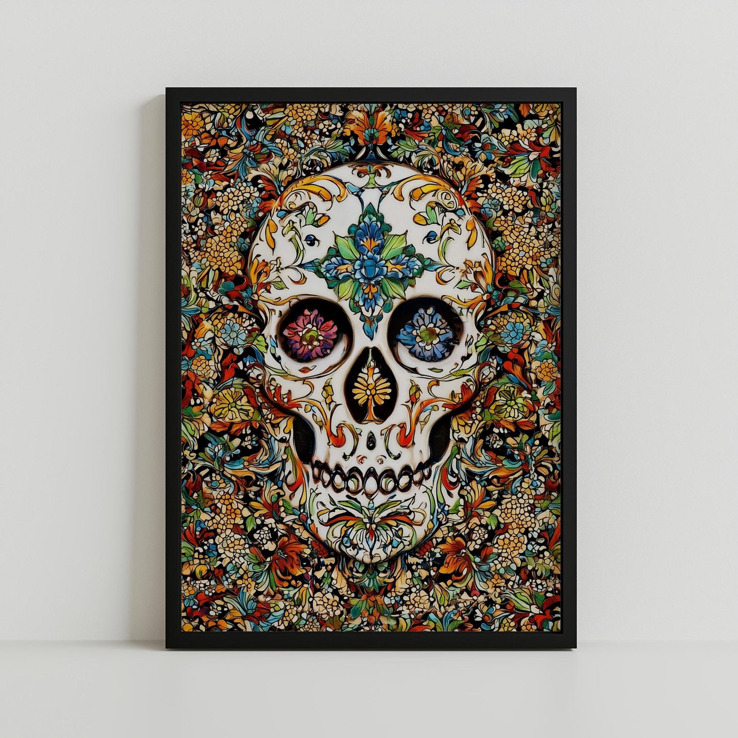 Floral Skull Print - Colorful Traditional Patterned Skull Art - Vintage Botanical Wall Decor - Gothic Floral Poster - Canvas & Framed Print