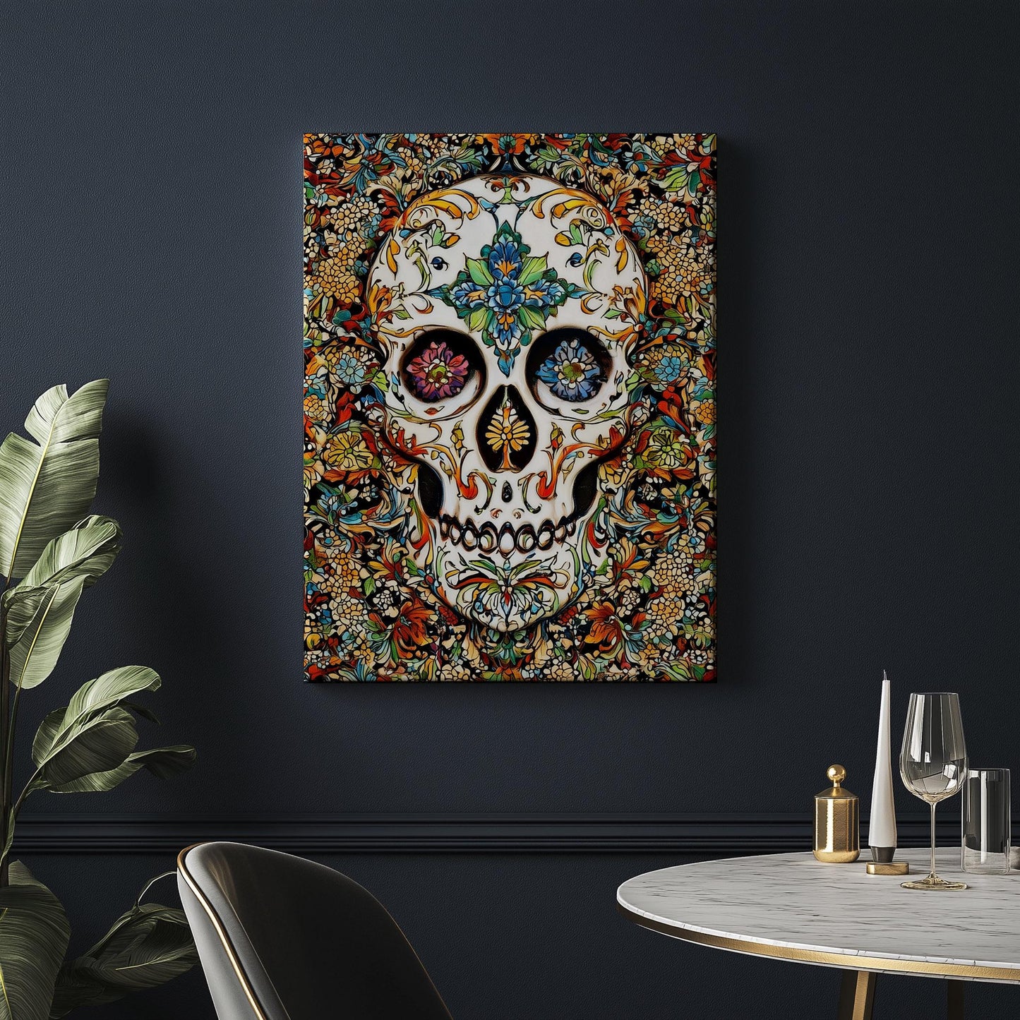 Floral Skull Print - Colorful Traditional Patterned Skull Art - Vintage Botanical Wall Decor - Gothic Floral Poster - Canvas & Framed Print