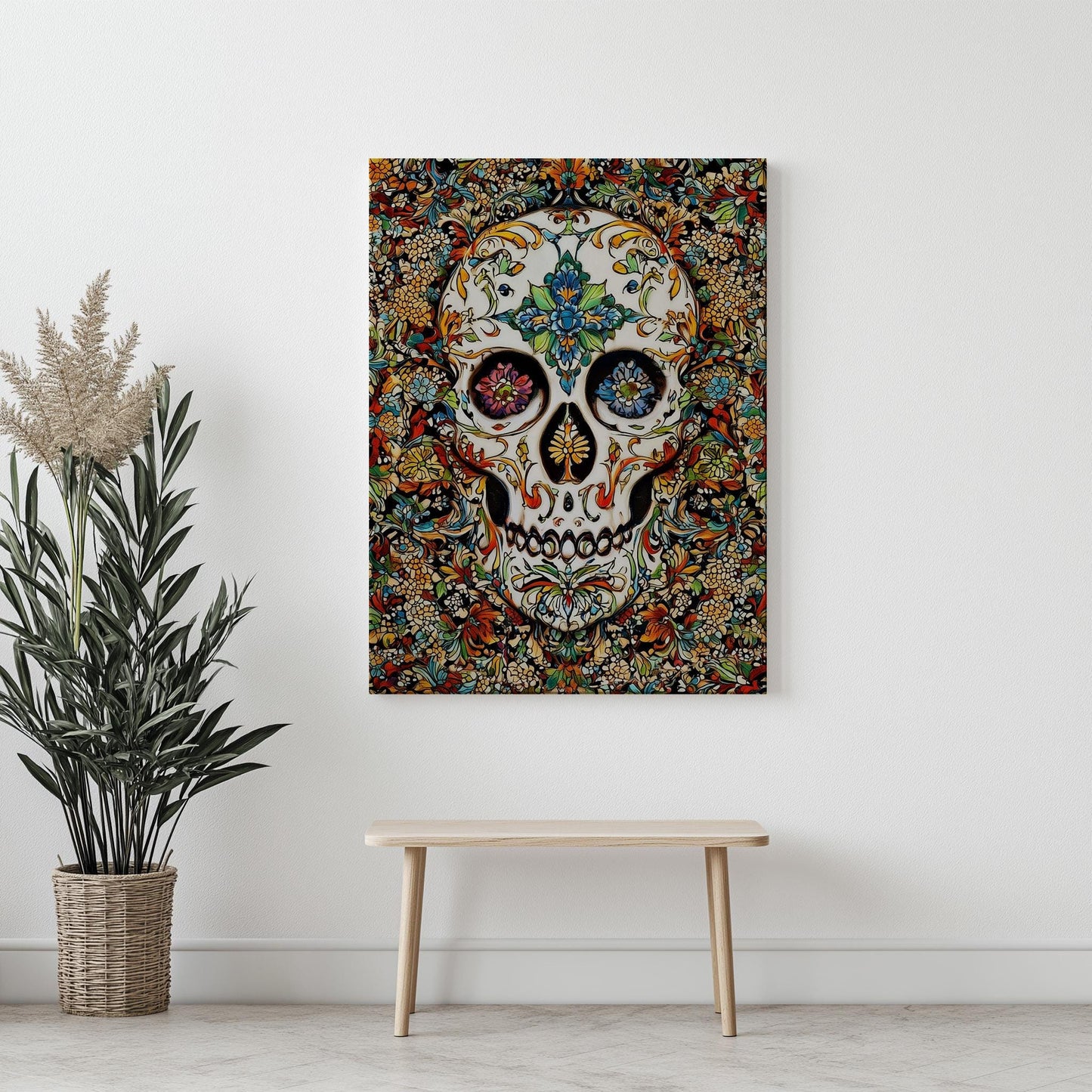 Floral Skull Print - Colorful Traditional Patterned Skull Art - Vintage Botanical Wall Decor - Gothic Floral Poster - Canvas & Framed Print