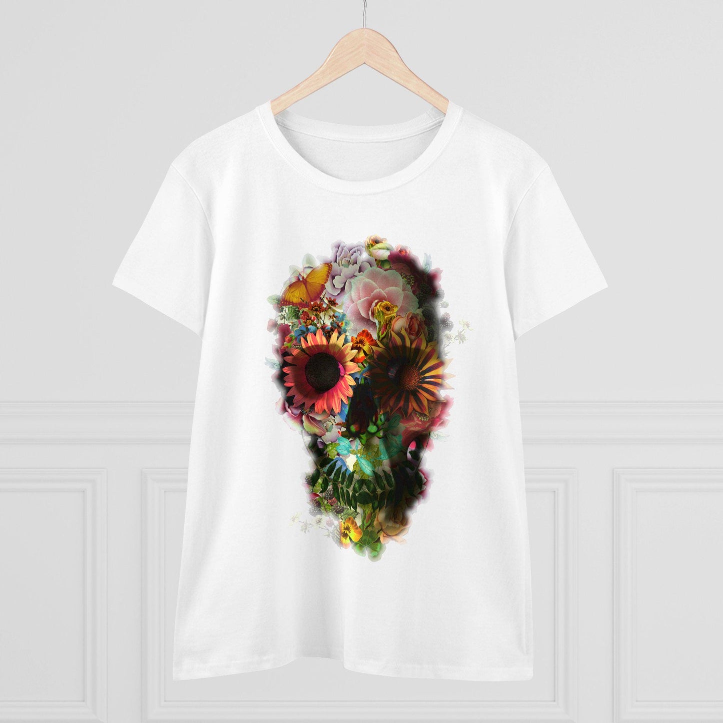 Floral Skull Graphic Tee, Edgy Womens T-Shirt, Unique Gift, Summer Style, Boho Chic Attire, Halloween Fashion