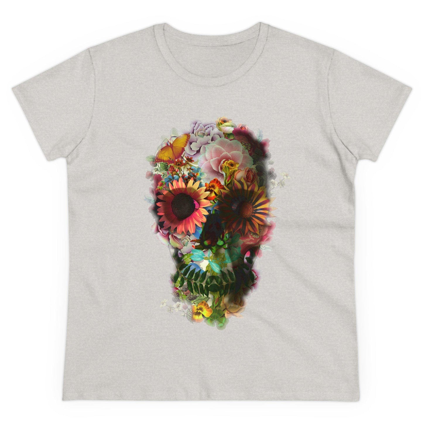 Floral Skull Graphic Tee, Edgy Womens T-Shirt, Unique Gift, Summer Style, Boho Chic Attire, Halloween Fashion