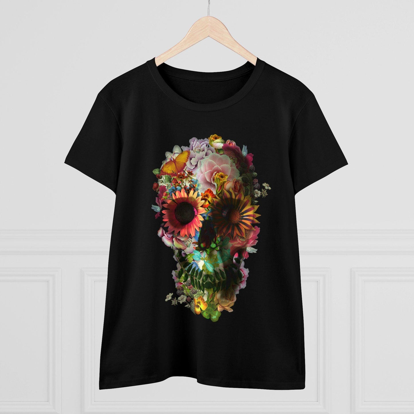 Floral Skull Graphic Tee, Edgy Womens T-Shirt, Unique Gift, Summer Style, Boho Chic Attire, Halloween Fashion