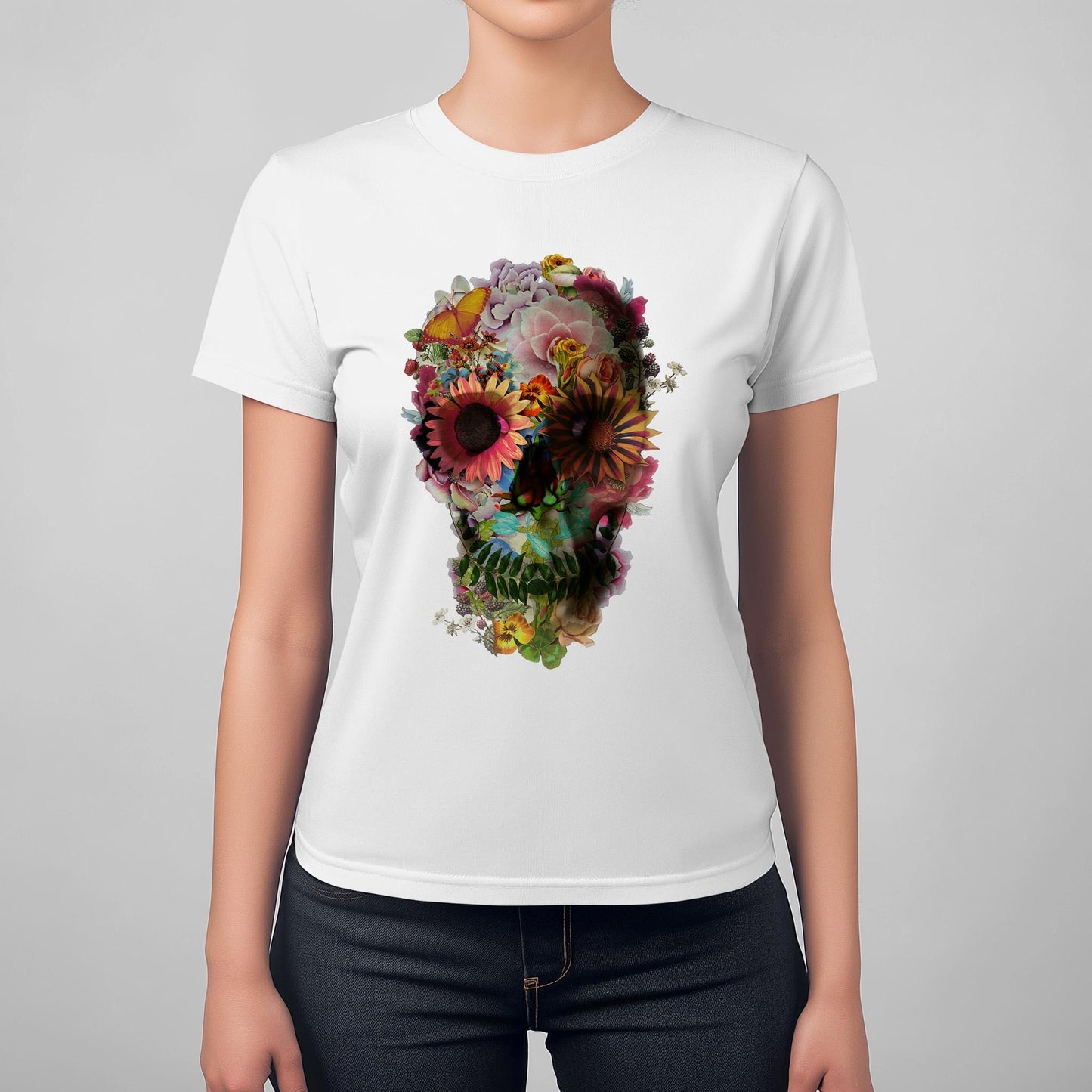 Floral Skull Graphic Tee, Edgy Womens T-Shirt, Unique Gift, Summer Style, Boho Chic Attire, Halloween Fashion