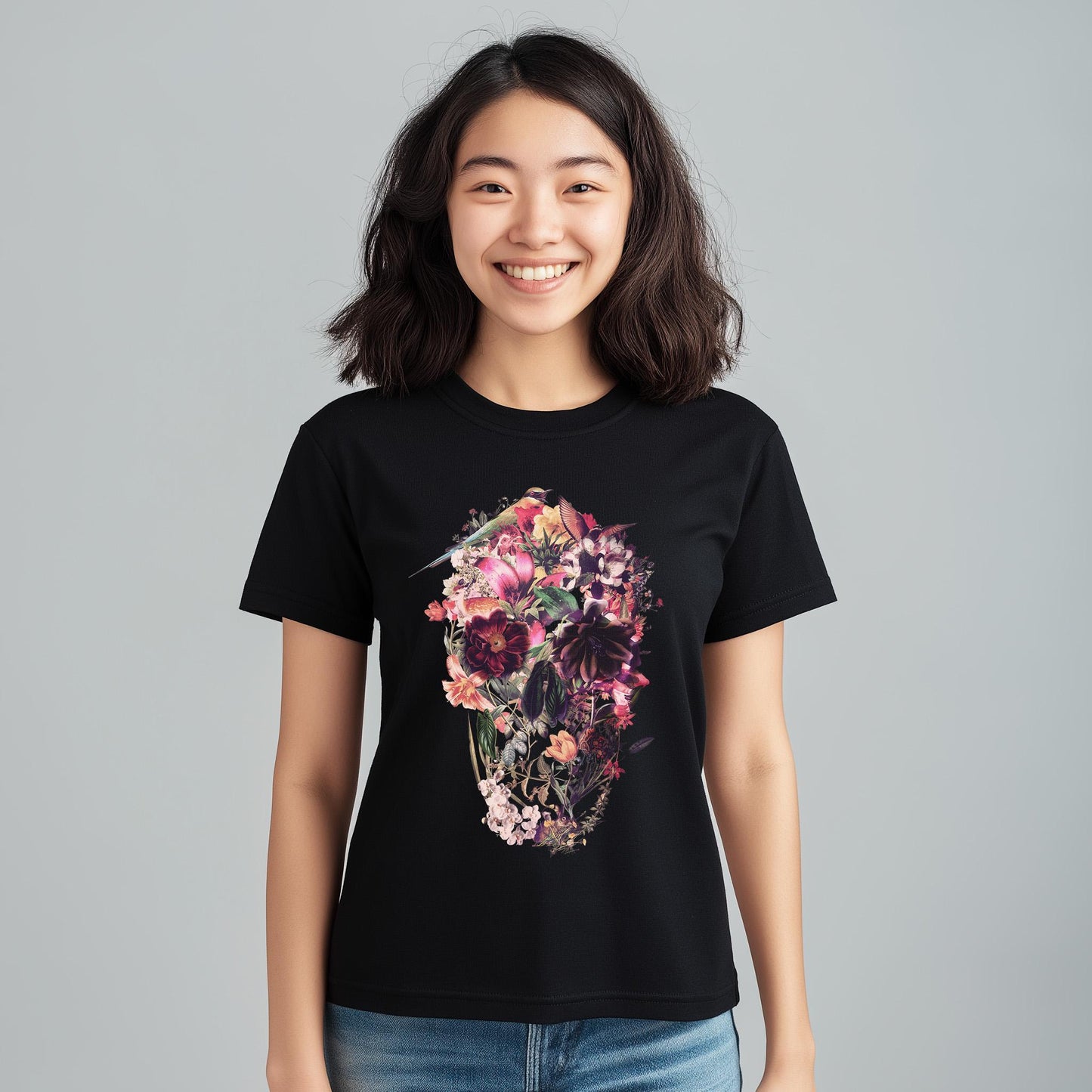 Floral Skull T-Shirt - Gothic Aesthetic Tee - Women’s Dark Floral Shirt - Alternative Skull Print - Vintage Skull Gift