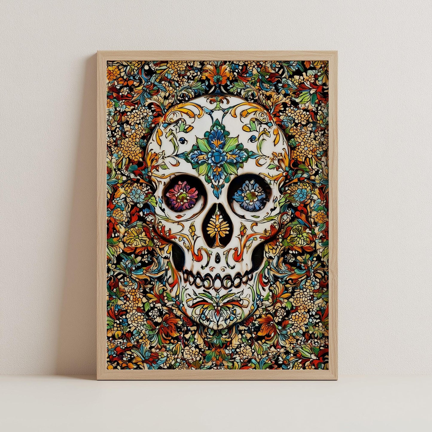 Floral Skull Print - Colorful Traditional Patterned Skull Art - Vintage Botanical Wall Decor - Gothic Floral Poster - Canvas & Framed Print