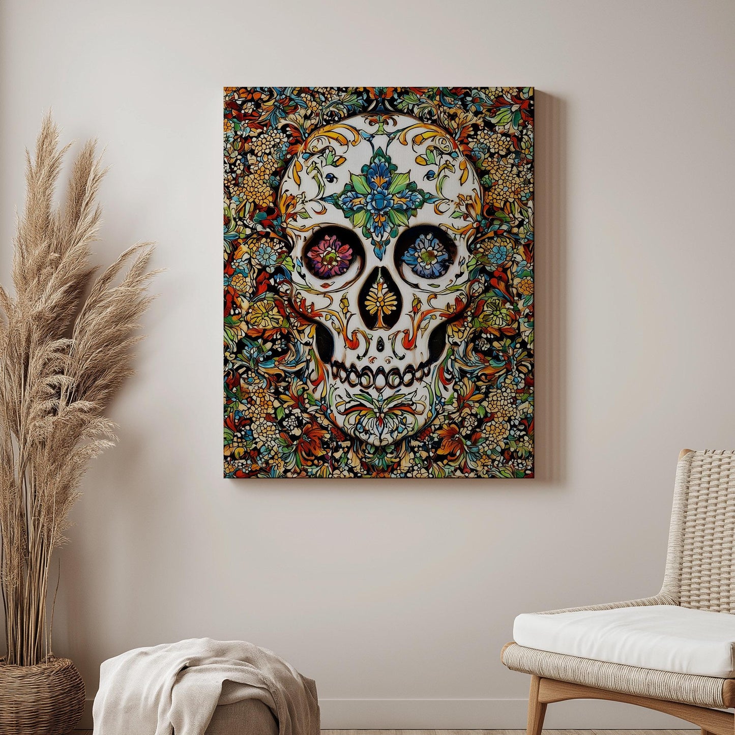 Floral Skull Print - Colorful Traditional Patterned Skull Art - Vintage Botanical Wall Decor - Gothic Floral Poster - Canvas & Framed Print