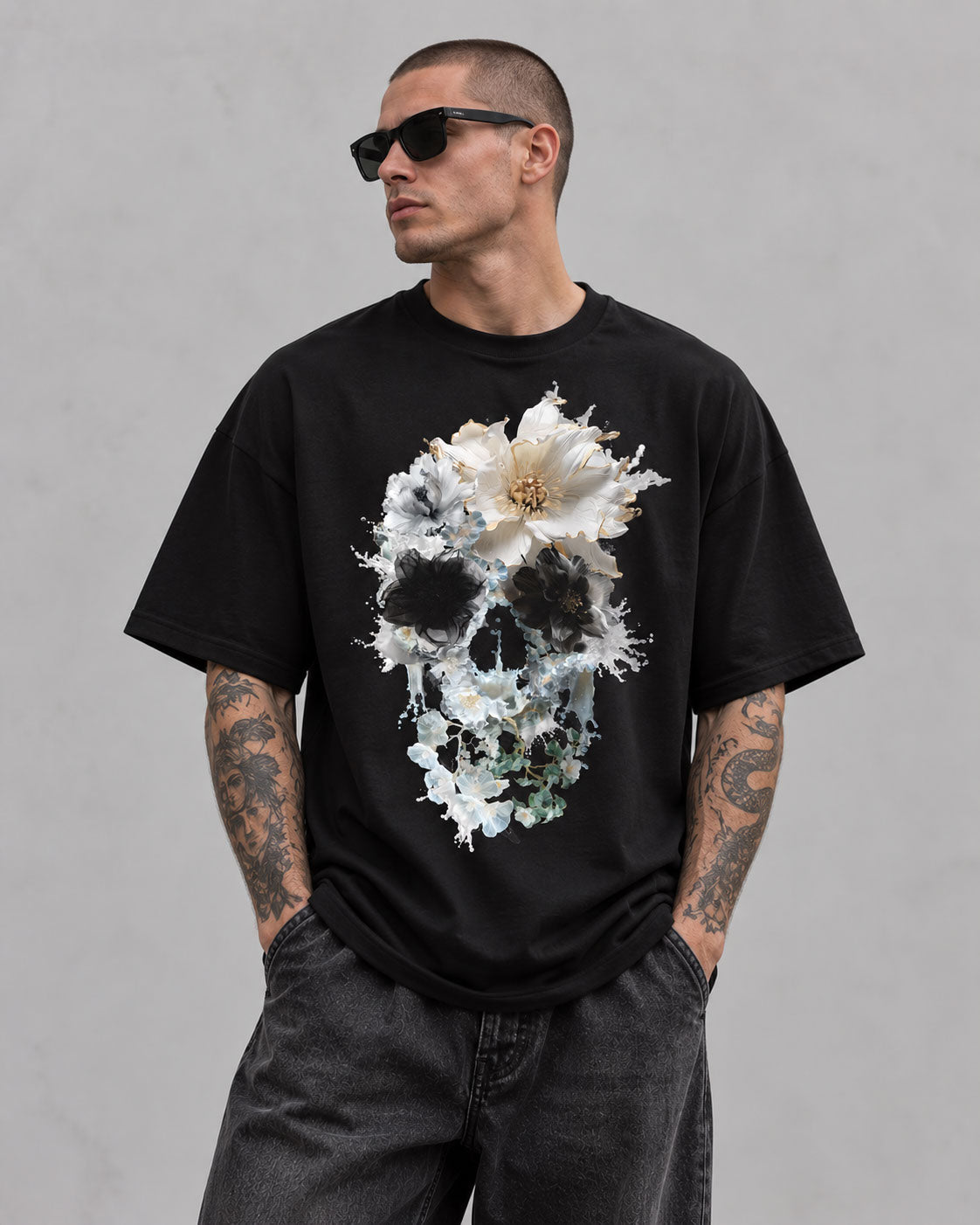 Bloom Splash Skull Graphic T-Shirt - Abstract Floral Gothic Tee