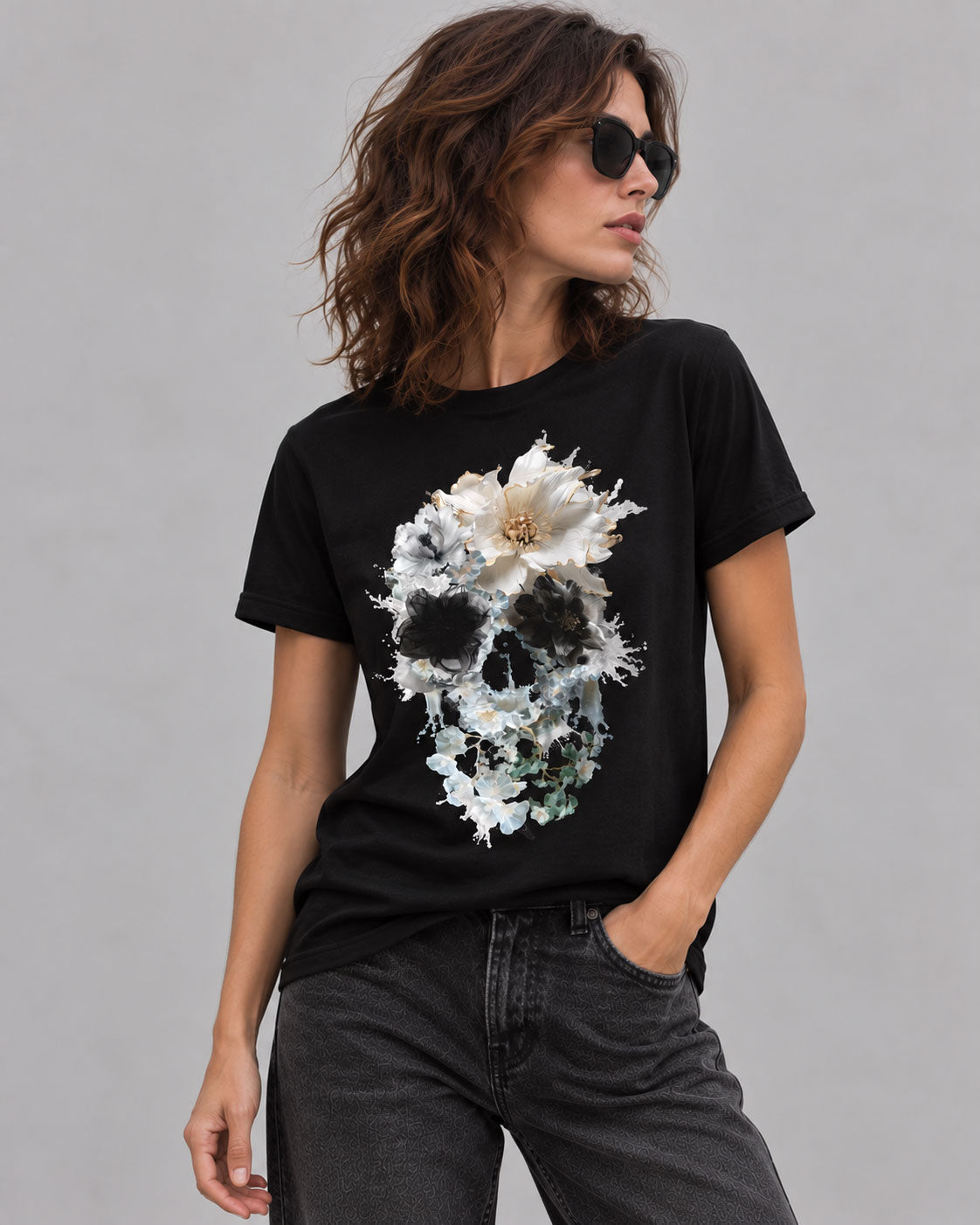 Bloom Splash Skull Graphic T-Shirt - Abstract Floral Gothic Tee