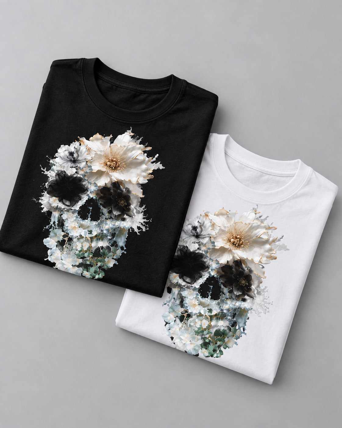 Bloom Splash Skull Graphic T-Shirt - Abstract Floral Gothic Tee