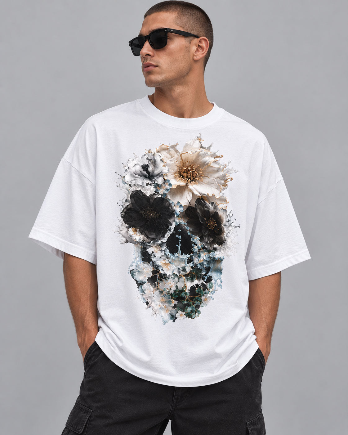 Bloom Splash Skull Graphic T-Shirt - Abstract Floral Gothic Tee