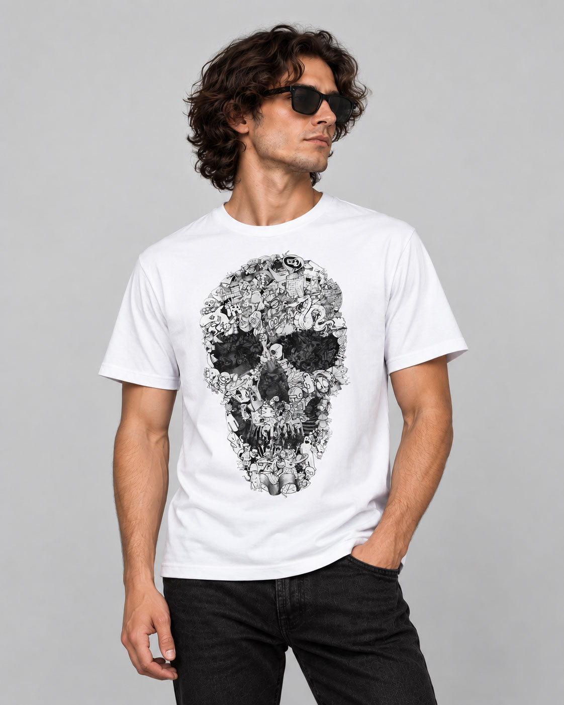 Doodle Skull Graphic T-Shirt - Intricate Monochrome Line Art Tee