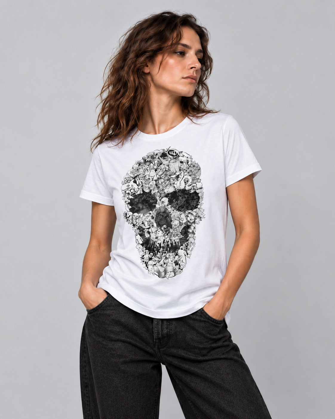 Doodle Skull Graphic T-Shirt - Intricate Monochrome Line Art Tee