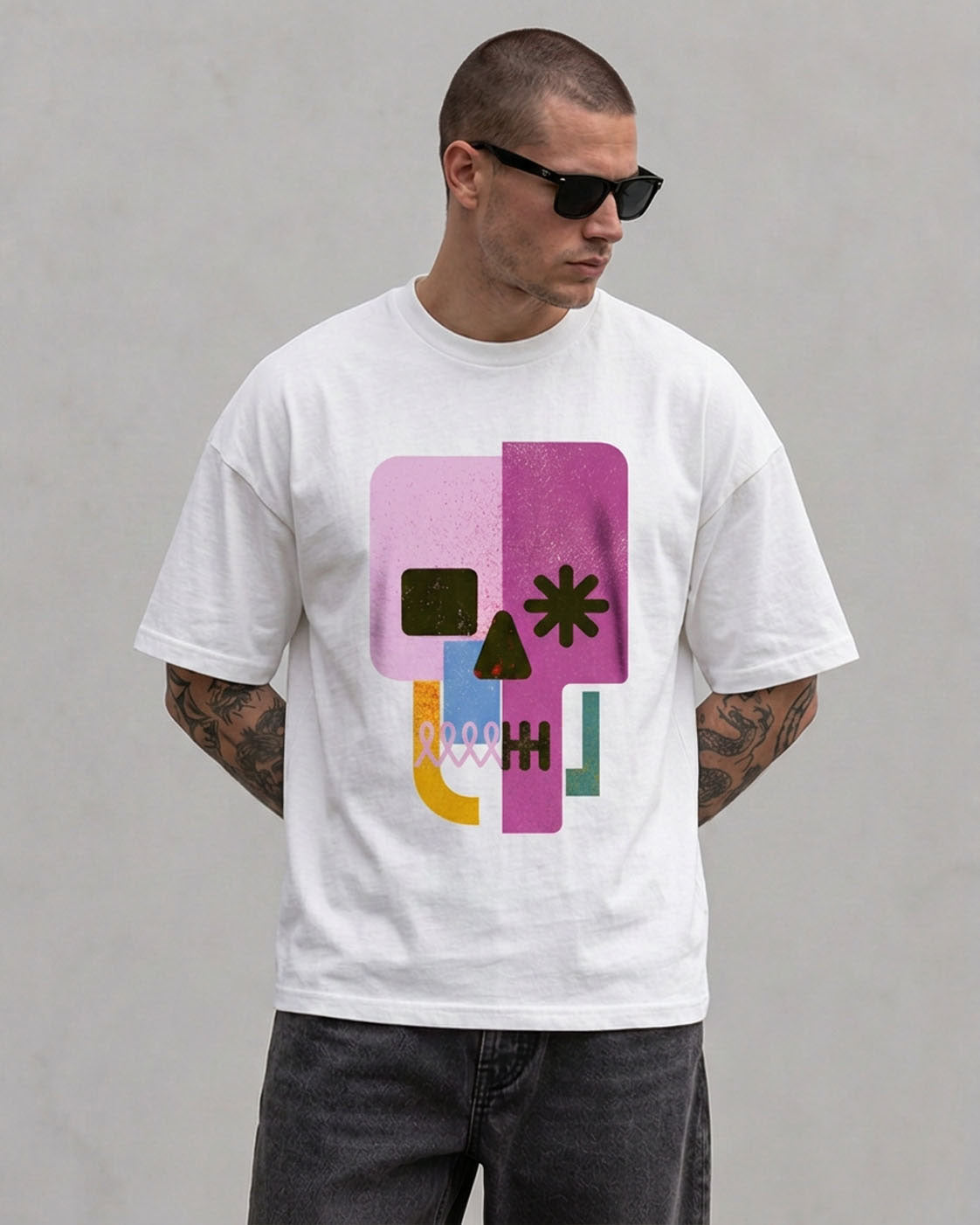 Encrypted Skull Graphic T-Shirt - Geometric Cyberpunk Pop Art Tee