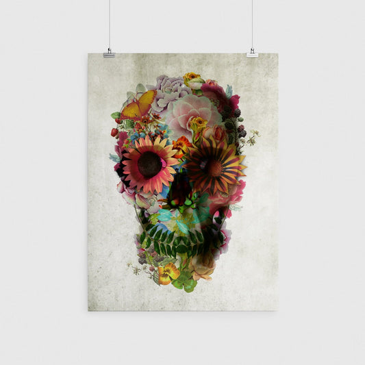 Flower Skull Art Print, Sugar Skull Poster Home Decor, Floral Skull Print Wall Art Gift, Bohemian Art Flower Skull Illustration Wall Decor