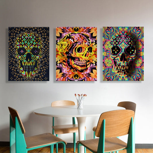 Set of 3 Skull Canvas Print, 3 Piece Skull Print, Colorful Sugar Skull Set Wall Art, Abstract Pattern Modern Skull Art Print Home Decor Gift