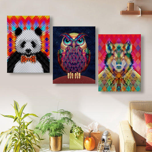 Set of 3 Geometric Pattern Animal Art Canvas Prints, Animal Illustration Printed Wall Art Set, Animal Home Decor Print Set Gift For Friend