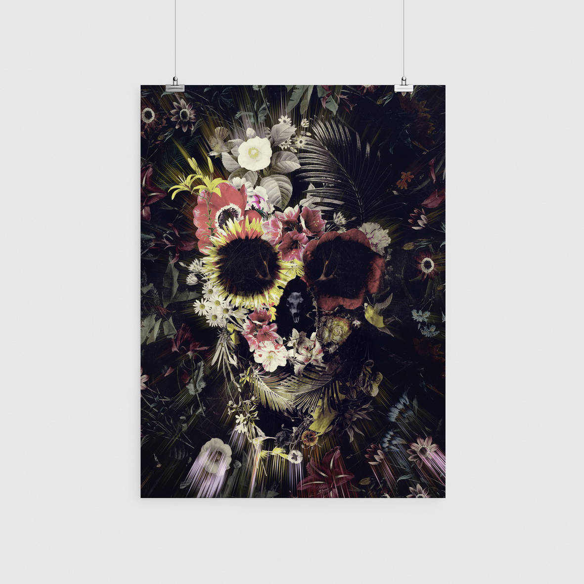 Flower Skull Prints, Set Of 3 Skull Home Decor, Nature Skull Poster Set, Sugar Skull Wall Art Gift, Dark Gothic Floral Skull Art Print Decor
