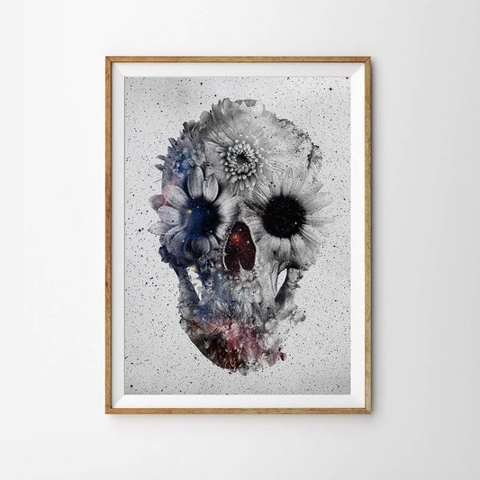 Floral Skull Art Print, Black And White Skull Poster, Flower Skull Wall Art, Sugar Skull House Gift, Skull Home Decor,Skull Art By Ali Gulec