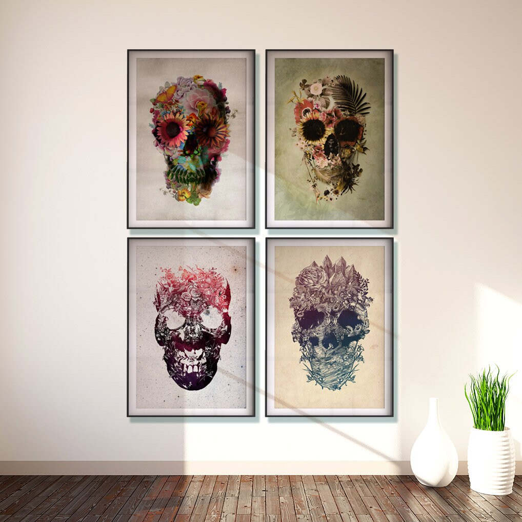 Garden Skull Poster, Floral Skull Print Home Decor, Flower Skull Wall Art, Sugar Skull Art Print Wall Decor, Skull Illustration By Ali Gulec