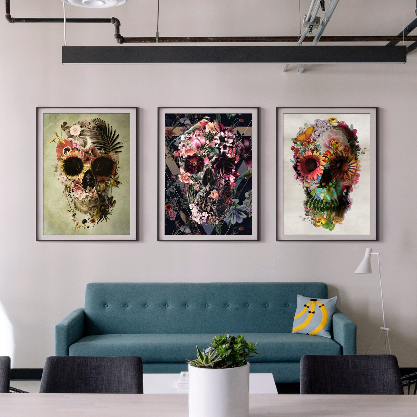 Flower Skull Art Print, Sugar Skull Poster Home Decor, Floral Skull Print Wall Art Gift, Bohemian Art Flower Skull Illustration Wall Decor