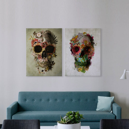 Set of 2 Canvas Prints, Sugar Skull Canvas Set, Floral Skull 2 Piece Canvas Decor, Flower Skull Wall Art, Gothic Home Decor Gift, Boho Art