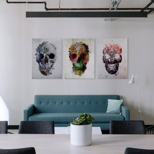 Flower Skull Set Of 3 Canvas Print, 3 Set Canvas Wall Decor, Sugar Skull Wall Art Print, Skull Art Home Decor Gift,Illustration By Ali Gulec