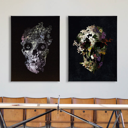Dark Skull Set of 2 Canvas Print, Floral Skull Art Print Set, Sugar Skull Canvas Art Home Decor, Gothic Skull Wall Art Gift,Art By Ali Gulec