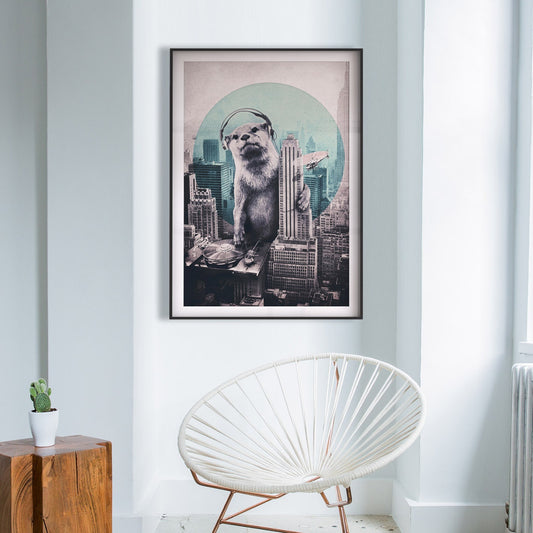 Giant Otter Art Print, Funny Animal Wall Art, Music DJ Otter Poster, Monster Print Home Decor Gift, Animal Art Illustration By Ali Gulec
