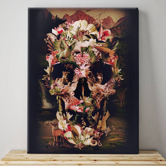 Jungle Skull Canvas Print, Flower Skull Wall Art Print, Skull Wall Decor Gift, Canvas Skull Home Decor, Gothic Sugar Skull Gift, Skull Decor