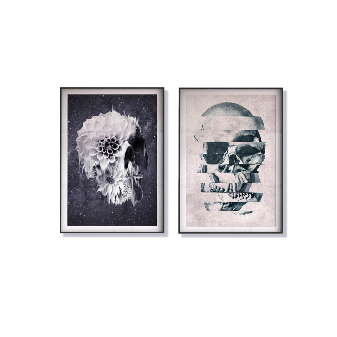 Black And White Skull Poster Set, Flower Skull Art Print Set Of 2, Botanical Sugar Skull Home Decor Wall Art Gift, Gothic Skull Wall Decor