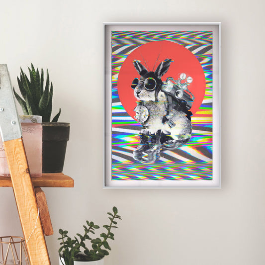 Bunny Poster, Funny Animal Art Print, Pop Art Wall Decor, Steam Punk Wall Art Home Decor Gift, Funny Bunny Illustration Wall Decor