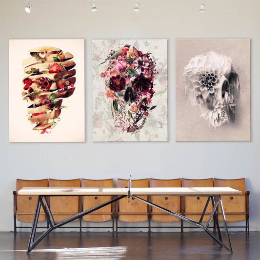 Skull Set Of 3 Canvas Art Print, Flower Skull Art Canvas Print Set Home Decor, Gothic Floral Sugar Skull Wall Art Print, Skull Decor Gift