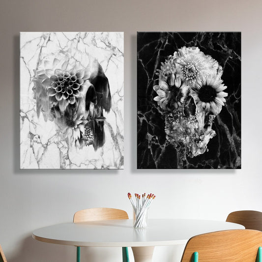 Set of 2 Canvas Prints, Skull Print Set, Black And White Skull Art Gift, 2 Piece Skull Home Decor, Canvas Marble Wall Art, Sugar Skull Gift