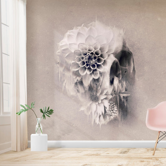 Flower Skull Wallpaper Home Decor, Light Floral Skull Art Print Traditional Wallpaper, Gothic Wall Mural Sugar Skull Monochrome Wall Art