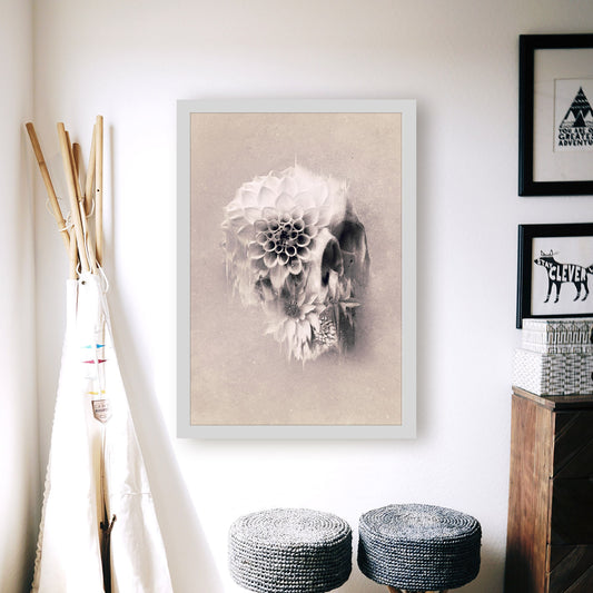 Decay Skull Poster, Sugar Skull Art Print, Flower Skull Poster Wall Art Gift, Light Tones Floral Skull Art Home Decor, Drawing by Ali Gulec