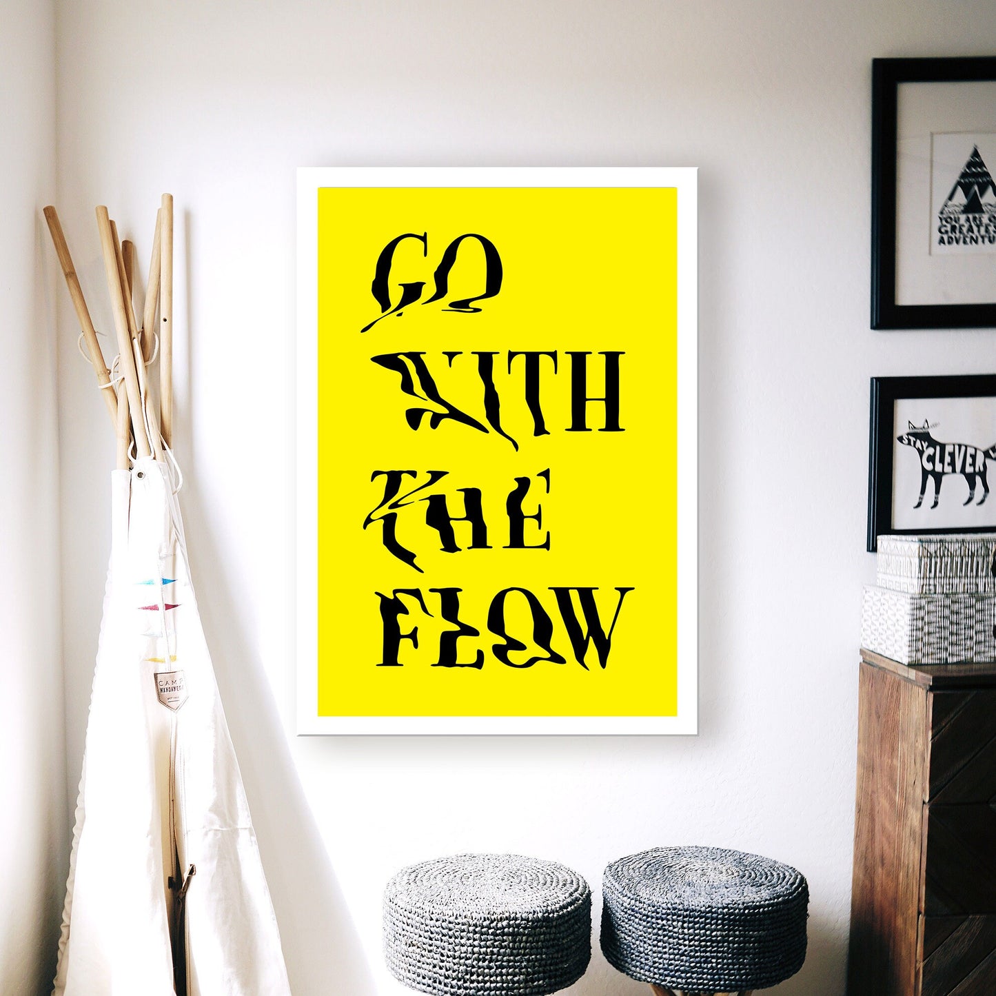Go With The Flow Art Poster, Yellow Positive Motto Art Print, Minimalist Typography Motivational Slogan Home Decor Gift, Cool Quote Wall Art