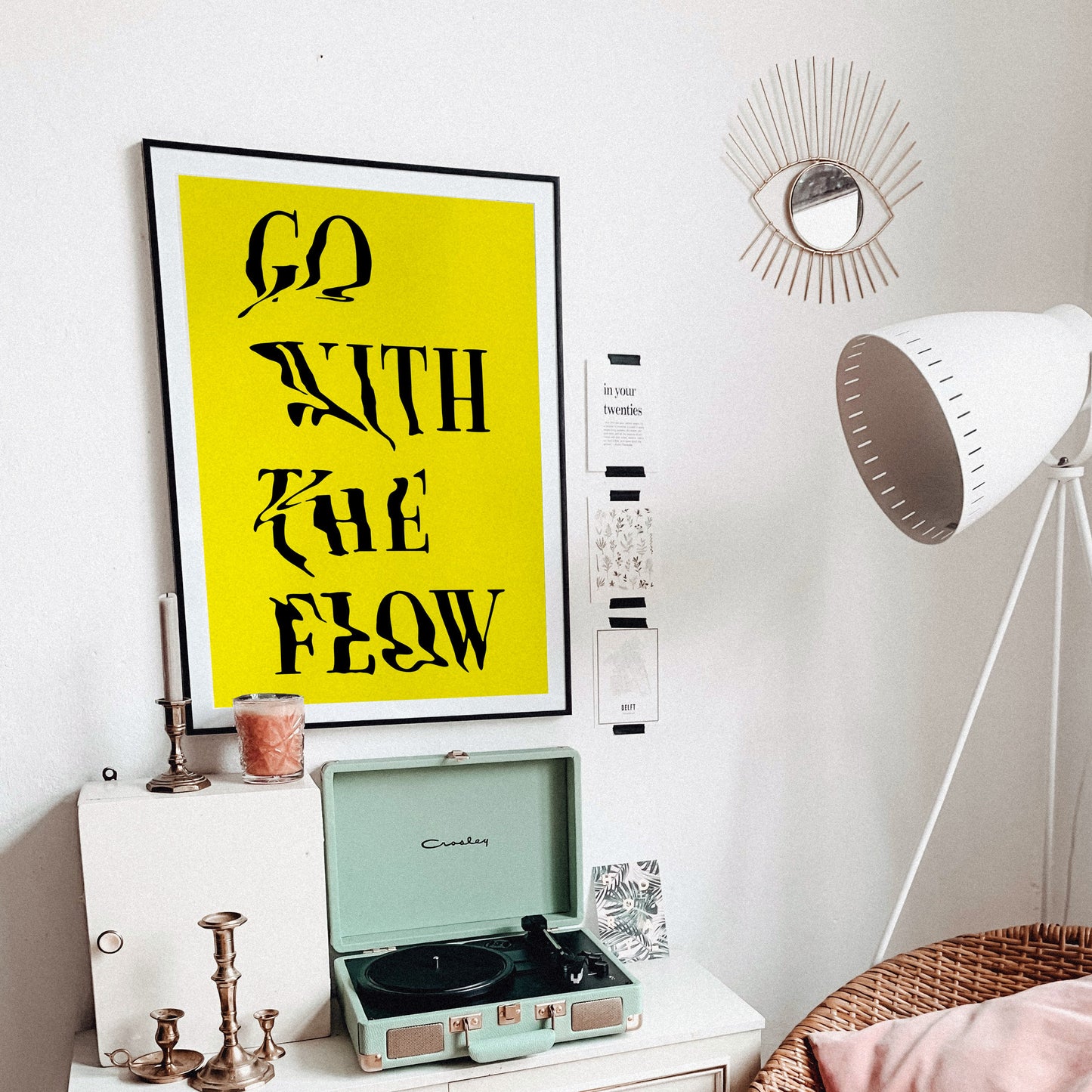 Go With The Flow Art Poster, Yellow Positive Motto Art Print, Minimalist Typography Motivational Slogan Home Decor Gift, Cool Quote Wall Art