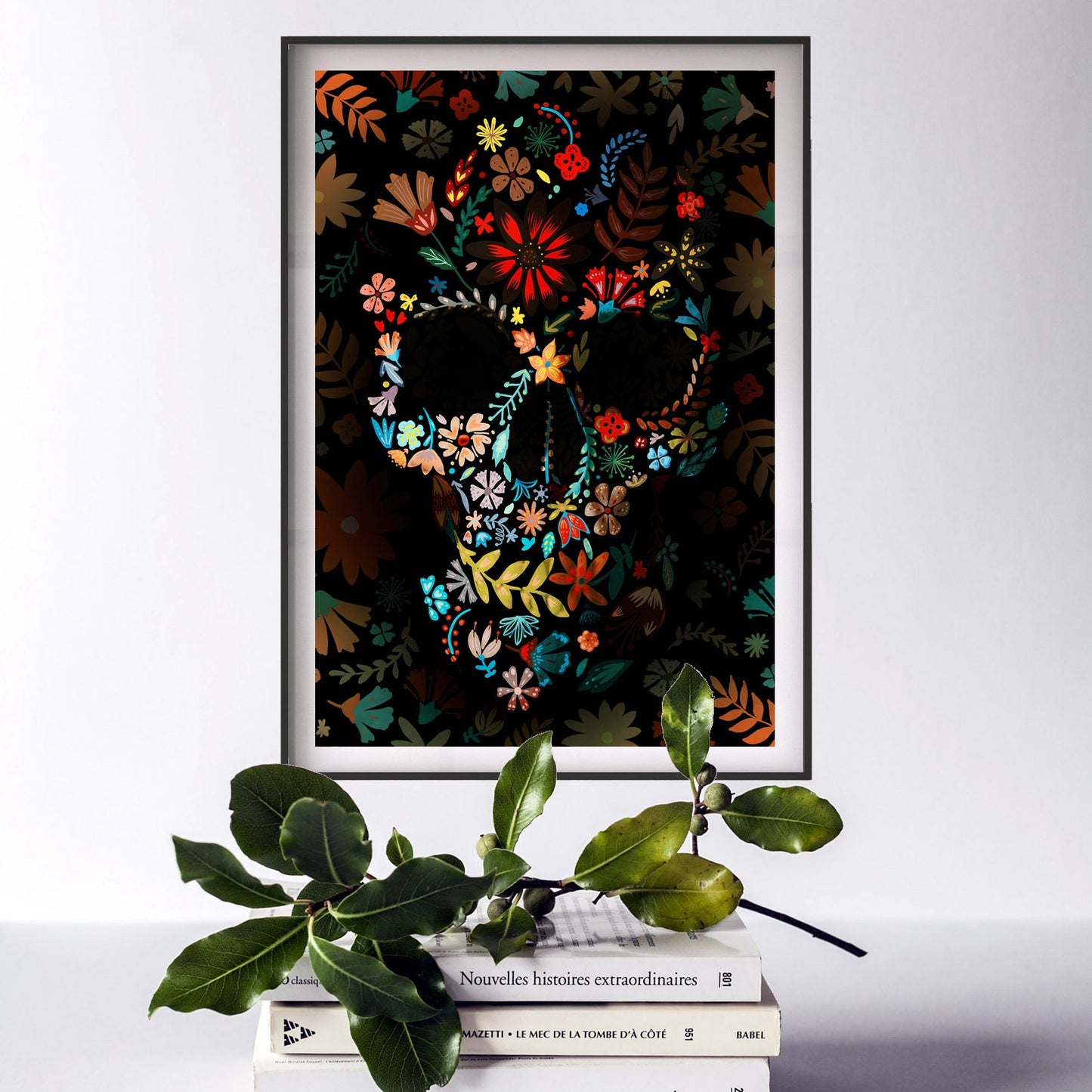 Flower Skull Poster, Sugar Skull Art Print, Flowery Skull Poster Wall Art Gift, Nature Folk Art Skull Home Decor, Floral Boho Skull Art