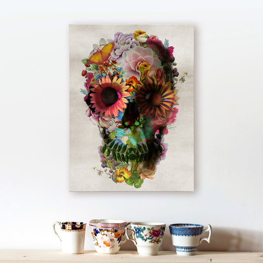 Flower Skull Canvas Print, Floral Skull Wall Art, Sugar Skull Canvas Art Home Decor, Gothic Skull Art Print, Day Of Dead Skull Illustration